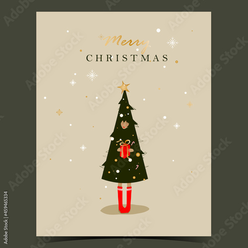 christmas card with a man in a Christmas tree holding a gift