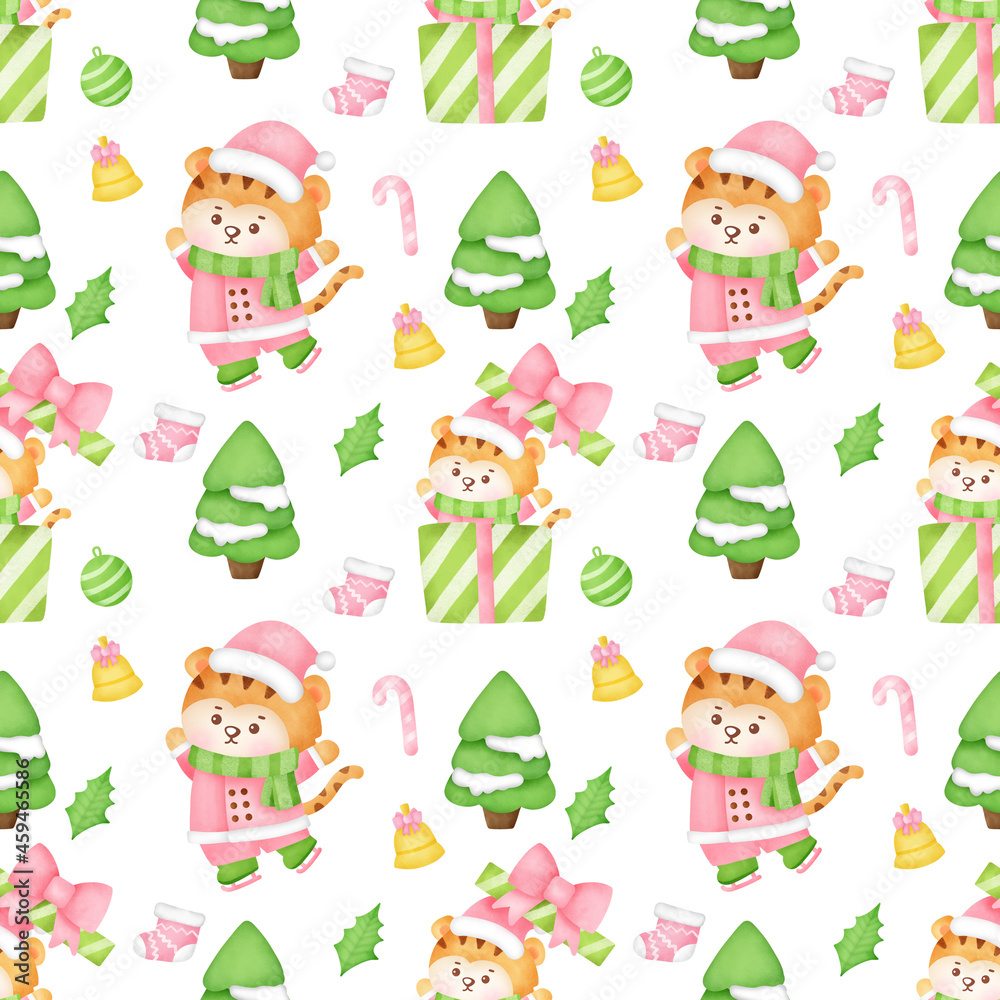 Merry Christmas and Happy new year with cute tiger seamless pattern.