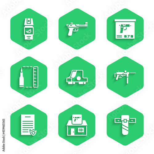 Set Collimator sight, Hunting shop weapon, Knife holster, Submachine gun M3, Firearms license certificate, Bullet, Military ammunition box and Pepper spray icon. Vector