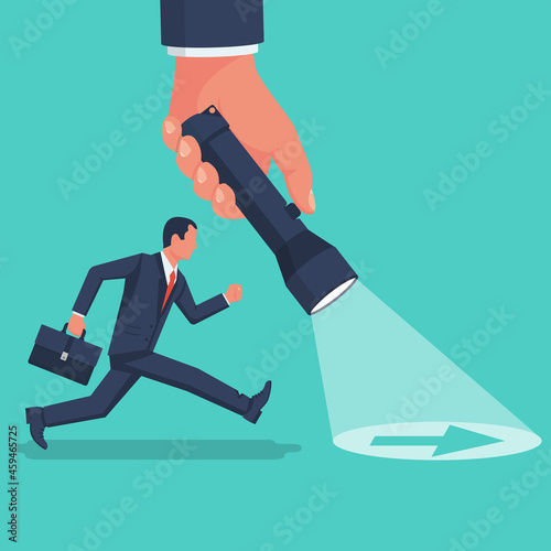 Point direction. The leader shows the way for younger employee. Flashlight direction. Human holds a flashlight in hand. Vision direction. Direction to success. Vector illustration flat design.