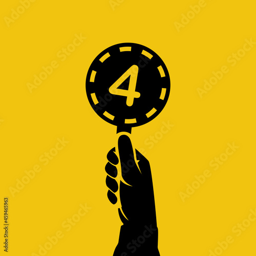Score card 4. Number table. Digit rating on a scorecard. Human hand holding score card. Black scorecards. Juries assessment on competition. Judges hold score. Vector design. Isolated on background.