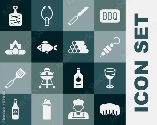 Set Grilled pork bbq ribs, Wine glass, shish kebab, Bread knife, Fish, Campfire, Cutting board and Wooden logs icon. Vector
