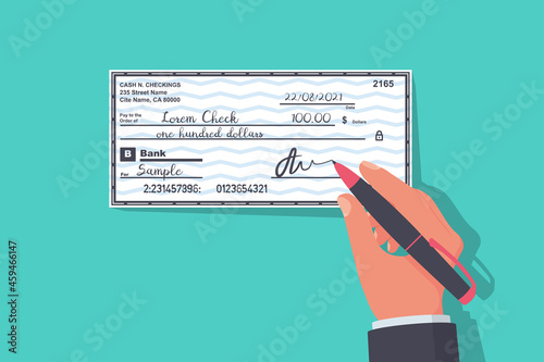 Businessman signs money check. Signature of a financial document. Bank check isolated on background. Vector illustration flat design. Template payment bank checks.