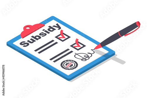 Registration of subsidies. Man writes a document. Sign the document, please get a discount on payment. Vector illustration isometric 3d design. Isolated on white background.
