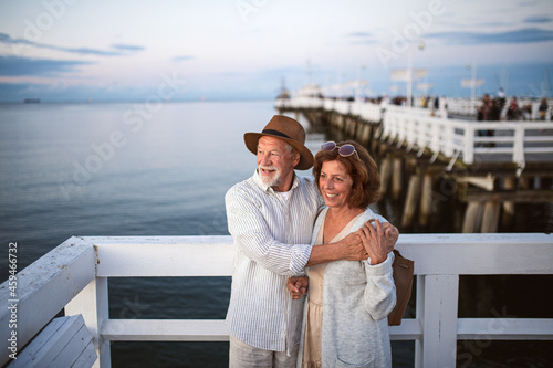 High angle view of happy senior couple hugging outdoors on pier by sea, looking at view.