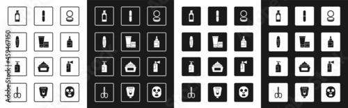 Set Makeup powder with mirror, Cream lotion cosmetic tube, Mascara brush, Spray can for hairspray, Nail file, Perfume and icon. Vector