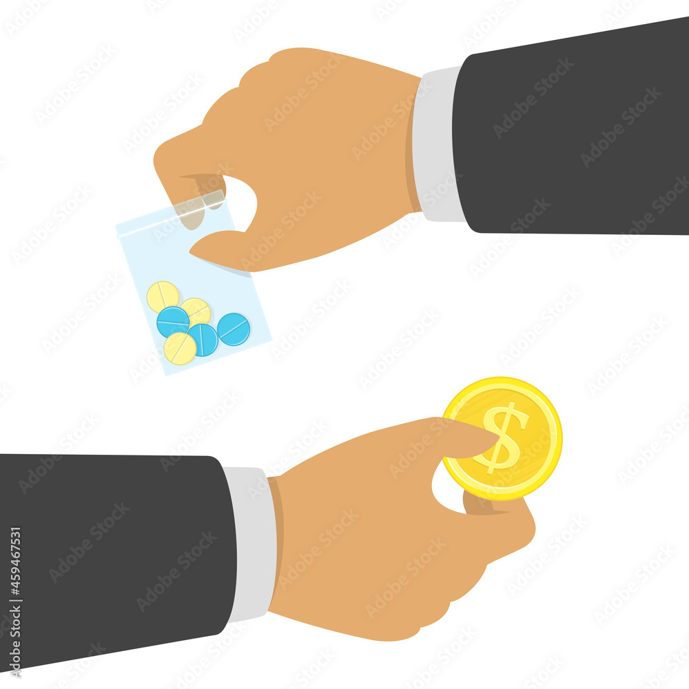 Man gives drug pills to another man. Vector illustration of selling or buying drugs. Dope trafficking, crime, addiction and sale concept. EPS 10. Man gives drug pills to another man. Vector illustration of selling or buying drugs. Dope trafficking, crime, addiction and sale concept. EPS 10.