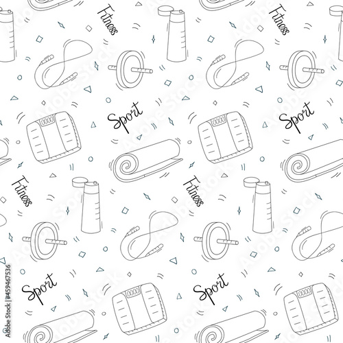 Seamless repeating pattern of items of sports equipment. Black and white doodles on a white.