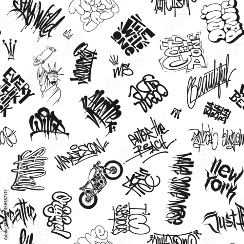 Vector graffiti tags, urban elements seamless pattern. Element for t-shirt design, textile, banner.