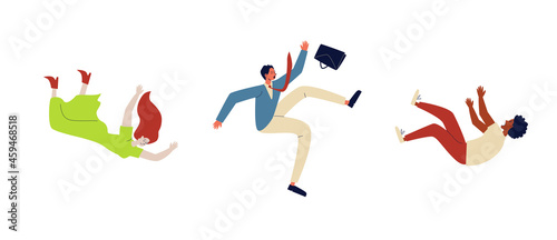 Cartoon people fall. Different men and women fall and no one will help them. Vector stock illustration concept of dismissal of working men and women.