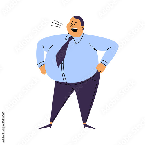 Screaming man isolated. Cartoon fat man stands akimbo. An irritated person in a blue shirt and trousers stands in a pose on a white background.