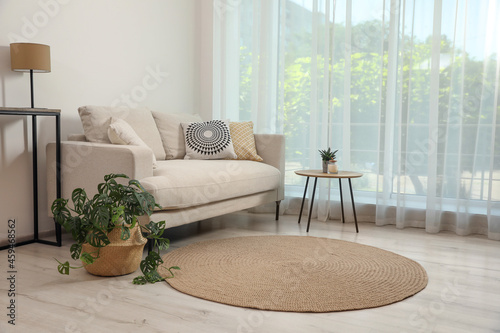 Living room interior with comfortable sofa and stylish round rug photo