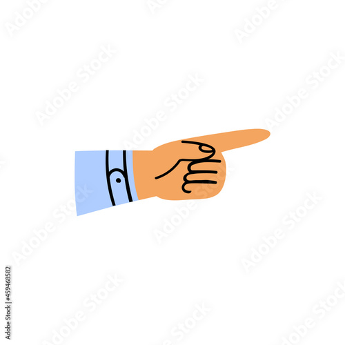 Cartoon hand pointing to the right. One arm in a sleeve with a forefinger in a blue shirt. Hand drawn hand pointing gesture on white background. Vector stock illustration of body part isolated.