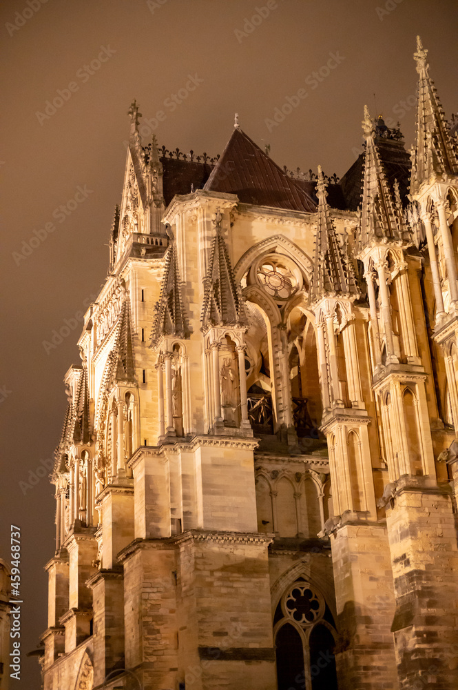 View in details on gothic Roman Catholic cathedral church Notre-Dame in central part of old French city Reims, France