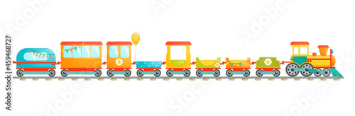 Kids train toy in cartoon style. Vector illustration isolated on white background.