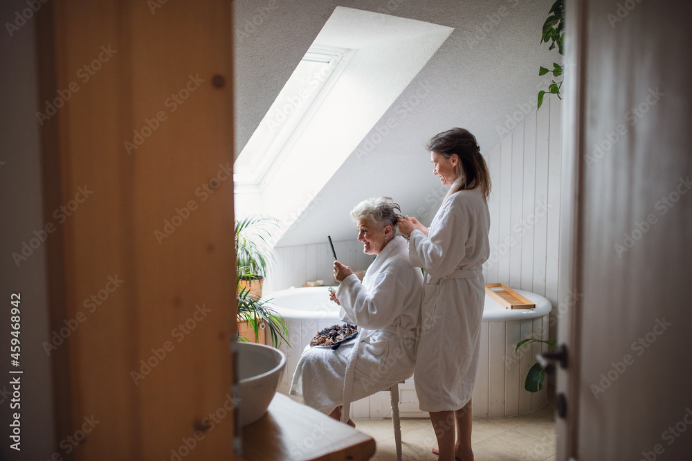 Happy senior mother in bathrobe with adult daughter indoors at home, selfcare concept. Happy senior mother in bathrobe with adult daughter indoors at home, selfcare concept.