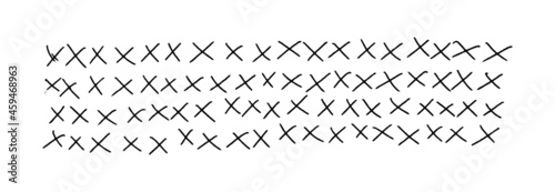 Rows of doodle crosses. Hand-drawn jagged doodle strokes. Horizontal background texture isolated on white.