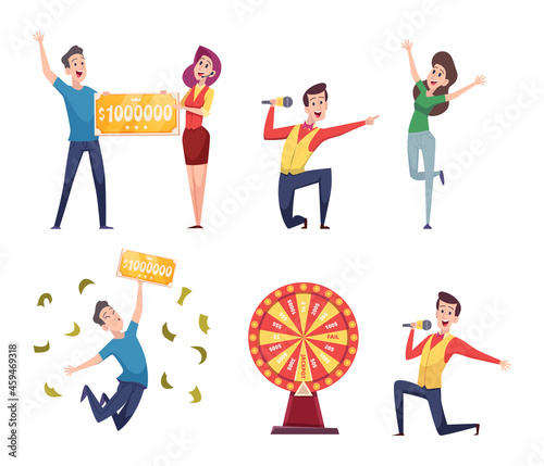 Lottery winners. Happy people won money prize ticket casino contest exact vector funny characters
