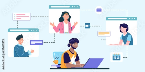 Virtual video conference concept. Online meeting with group of remote workers on computer screen. Webinar, team meeting, work remotely. Flat vector illustration.