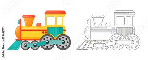 Kids train toy in cartoon style coloring book. Vector illustration isolated on white background.