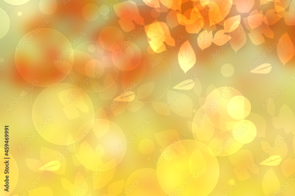 Hello autumn background. Abstract autumn gradient gold yellow orange bright background texture with leaves and bokeh circles. Indian summer. Card design with space text.
