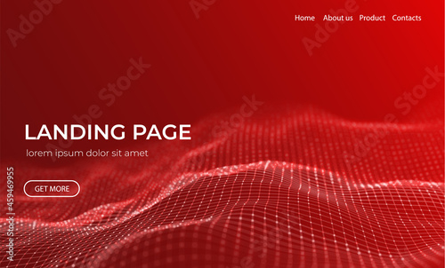 Abstract landing page background with red particles. Flow wave with dot landscape. Digital data structure. Future mesh or sound grid. Pattern point visualization. Technology vector illustration.
