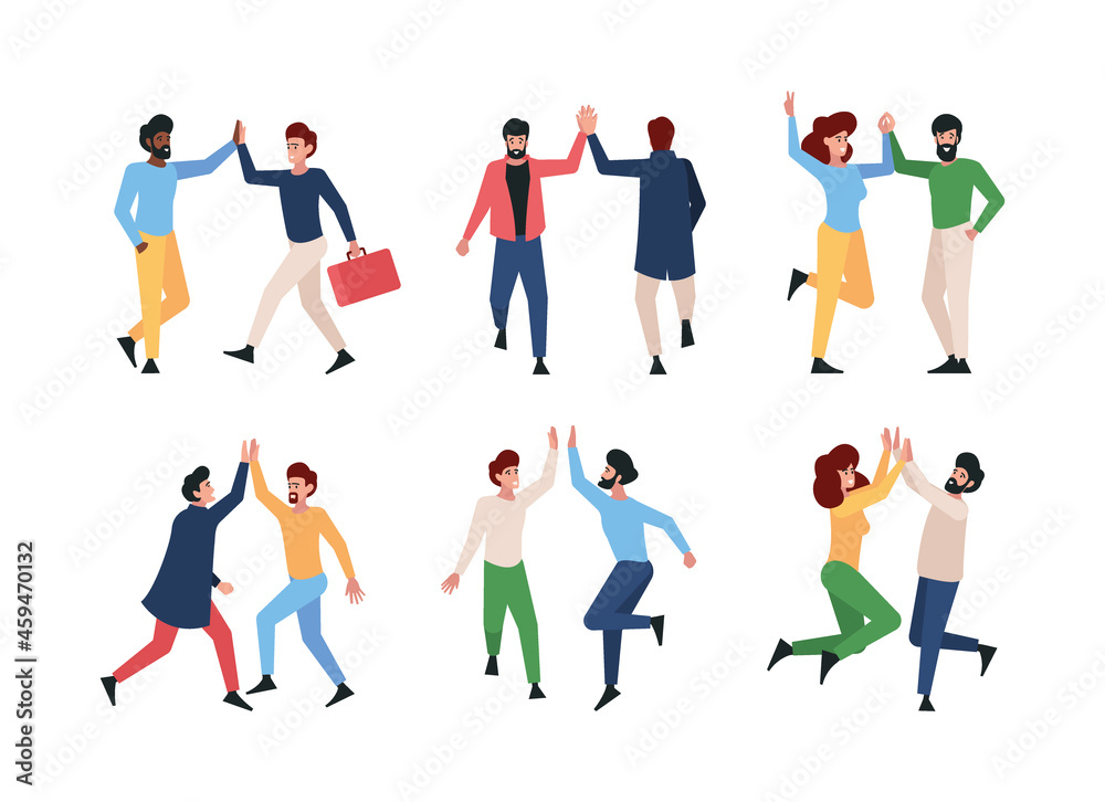 High five people. Happy persons friendship hands gestures garish vector illustrations characters emotions relationships
