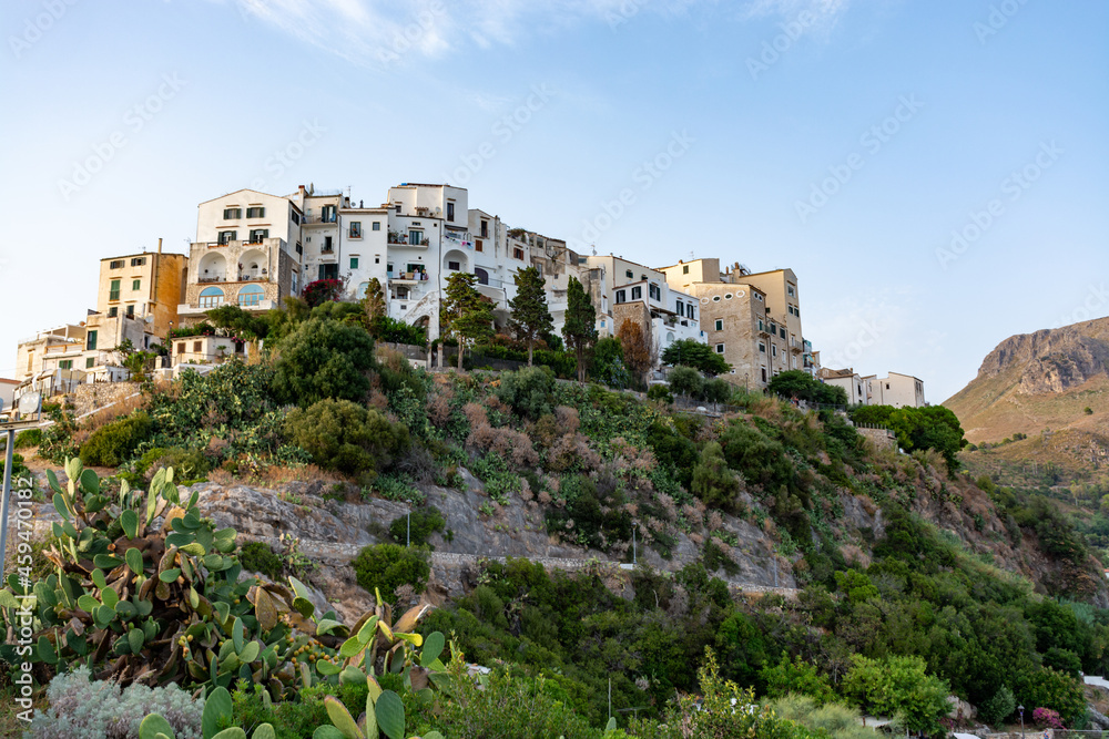 View on old part of Sperlonga, ancient Italian city in province Latina on Tyrrhenian sea, tourists vacation destination
