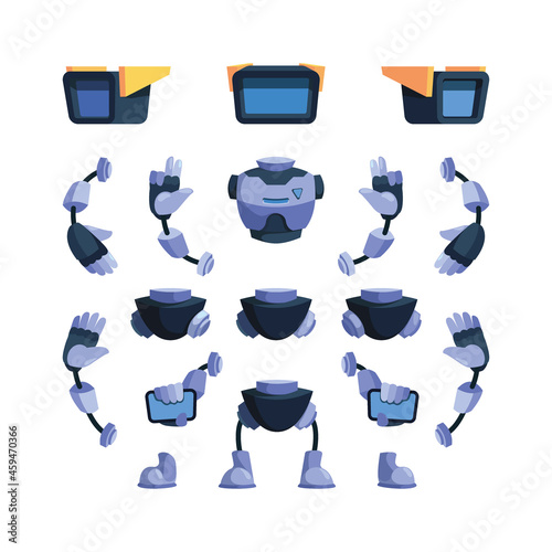 Robot constructor. Android body parts creation kit for animation garish vector cute character