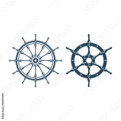 Simple style ship wheel icon set. Boats helm isolated on white background. Rudder icon. Vector illustration for vintage marine and heraldry design. EPS 10.