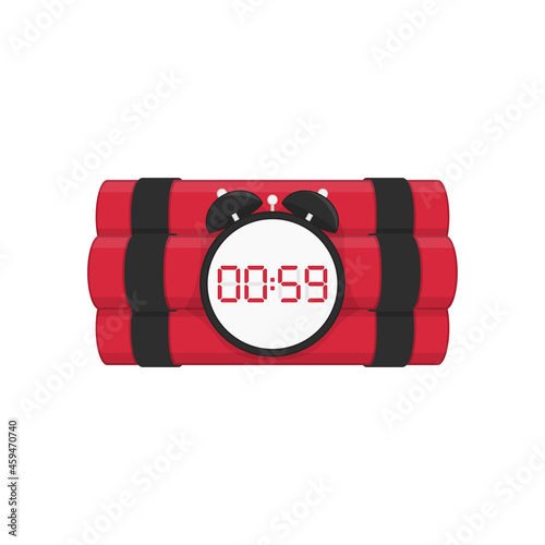 Red dynamite with digital timer. Bomb explosion with clock detonate and wire. Destruction and terror concept. Dangerous pyrotechnic equipment. Vector illustration in flat style. EPS 10.