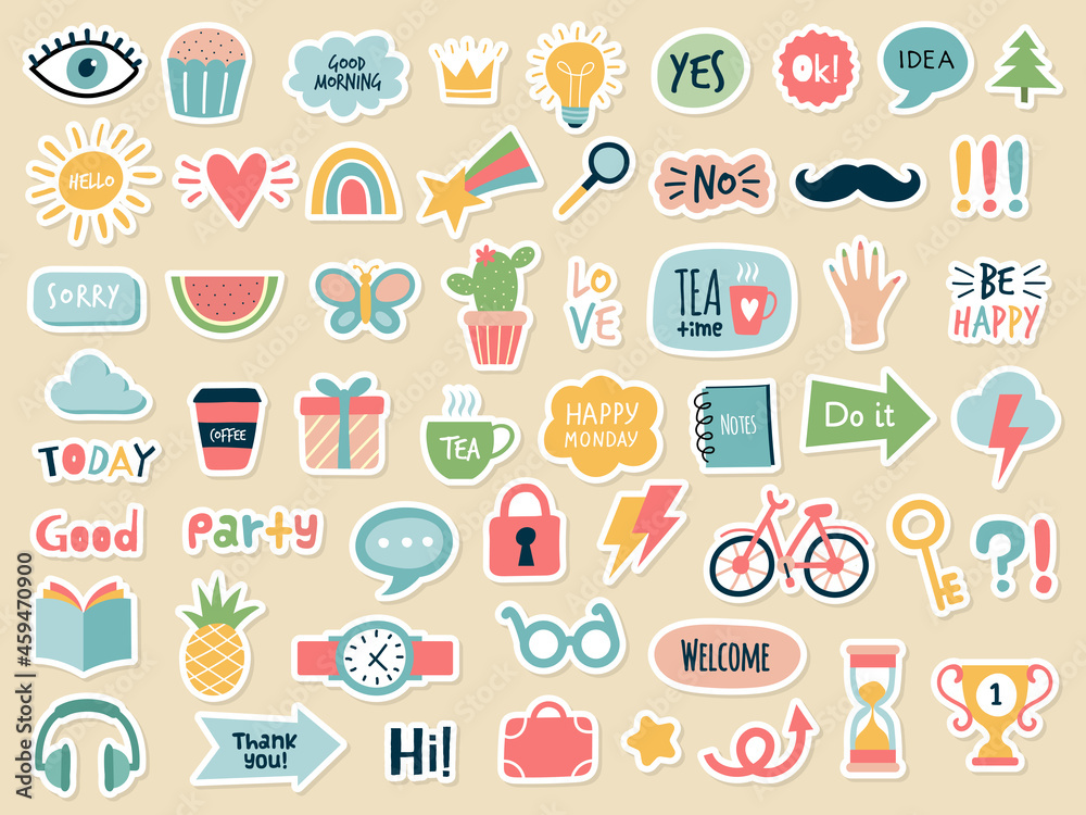 Planner stickers. Journal daily stickers reminder text numbers colored symbols collection recent vector stickers isolated Planner stickers. Journal daily stickers reminder text numbers colored symbols collection recent vector stickers isolated