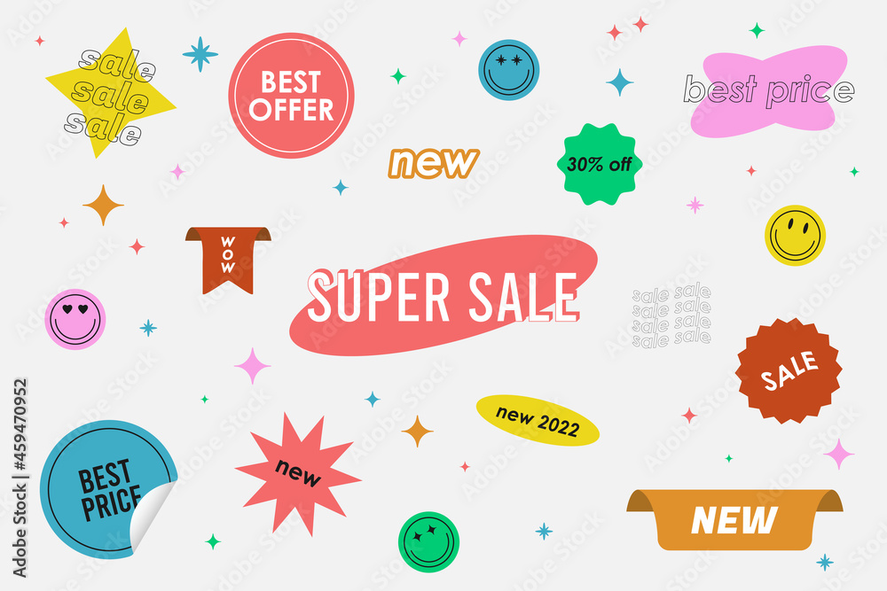 Sale - sticker pack. Special offer or price stickers set. Retro sale tag and promo sticky labels. Vector.