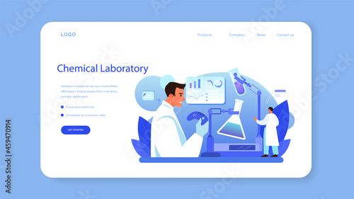 Chemist web banner or landing page. Chemistry scientist doing an experiment
