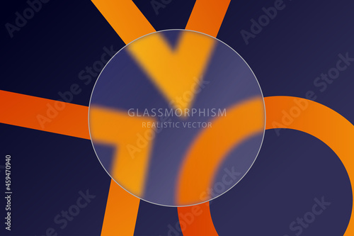 Glassmorphism effect with transparent glass plate on blue background with bright color geometric shapes. Frosted acrylic or matte plexiglass plate in circle shape. Realistic glass morphism. Vector.