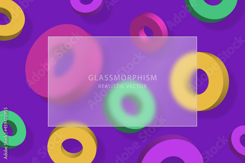 Glassmorphism effect with transparent glass plate on background with moving multicolored 3d rings with shadow. Frosted acrylic or matte plexiglass rectangle plate. Realistic glass morphism. Vector