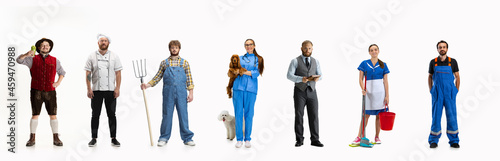 Art collage of men and women in image of vet, smith, cook, farmer, cleaner and auto mechanic standing together isolated on white studio background.