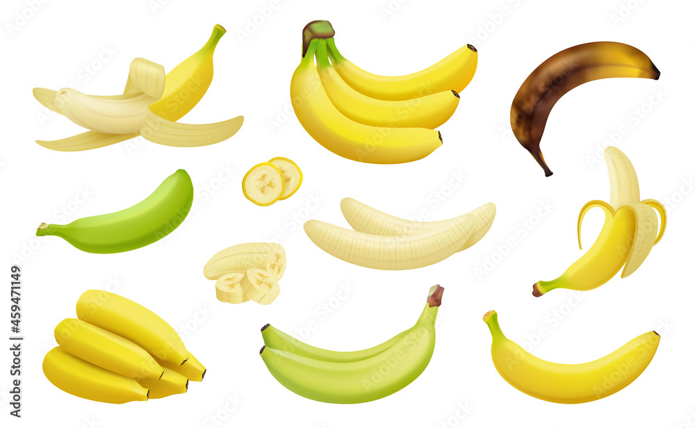 Bananas. Pieces of exotic tropical natural products realistic bananas platano vegetables fruits decent vector templates