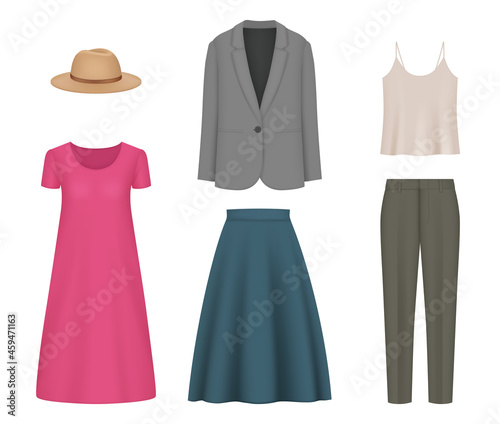 Realistic clothes. Girls fashioned accessories pants skirt jacket and blouse decent vector 3d colored pictures set