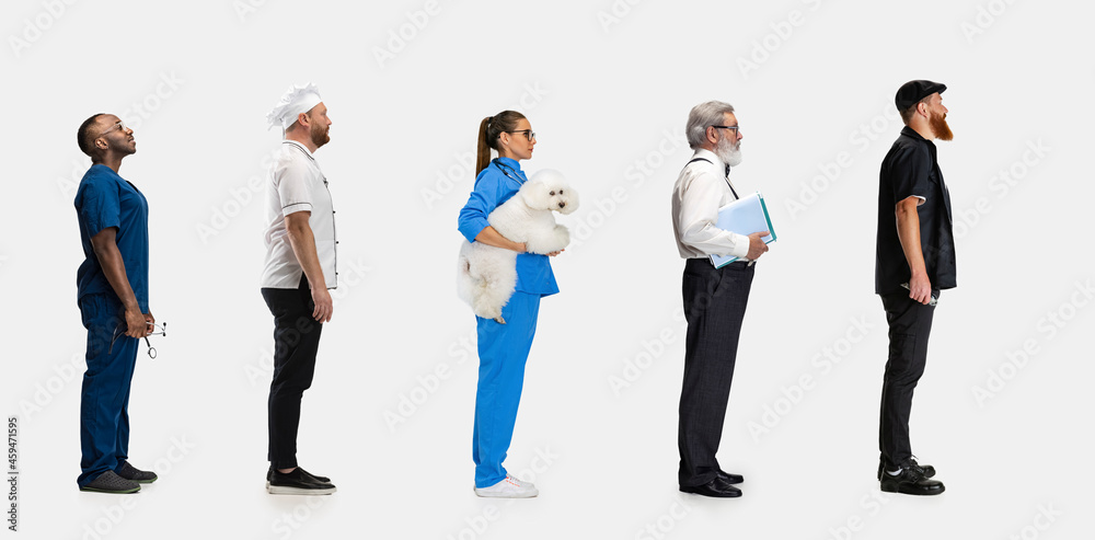 Obraz premium Group of gender mixed people with different professions, jobs standing isolated on white studio background. Horizontal flyer, collage. Side view