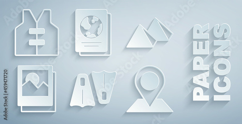 Set Rubber flippers for swimming, Egypt pyramids, Photo, Location, Passport and Life jacket icon. Vector