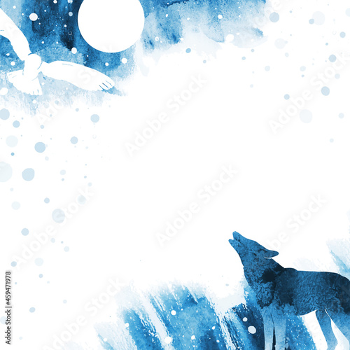 Abstract vector watercolor winter nature template. Silhouette of wolf howling at the moon. Grunge snowy frame with moon, owl, wolf and place for text or illustration