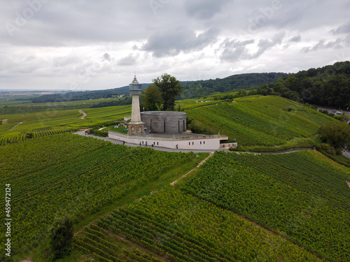 View on lighthouse and green pinot noir grand cru vineyards of famous champagne houses in Montagne de Reims near Verzenay  Champagne  France
