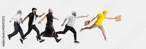 Hurry up. Group of men with different professions, jobs running isolated on white studio background. Horizontal flyer, collage