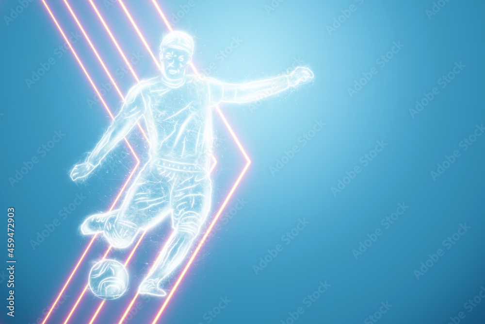 Hologram football player on a blue background. The concept of sports betting, football, gambling, online broadcast of football. 3D illustration, 3D render.