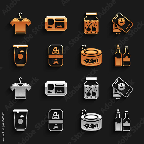 Set Fish plastic tray container, POS terminal, Whiskey bottle, Canned fish, Yogurt, Jam jar, T-shirt and Identification badge icon. Vector