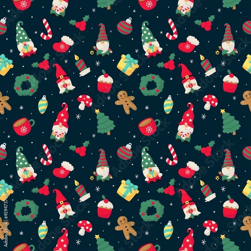 Seamless pattern with christmas gnomes isolated on blue background. vector illustration.