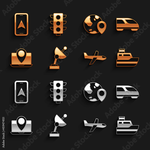 Set Radar, High-speed train, Ship line path, Plane, Laptop with location marker, Location the globe, City map navigation and Traffic light icon. Vector