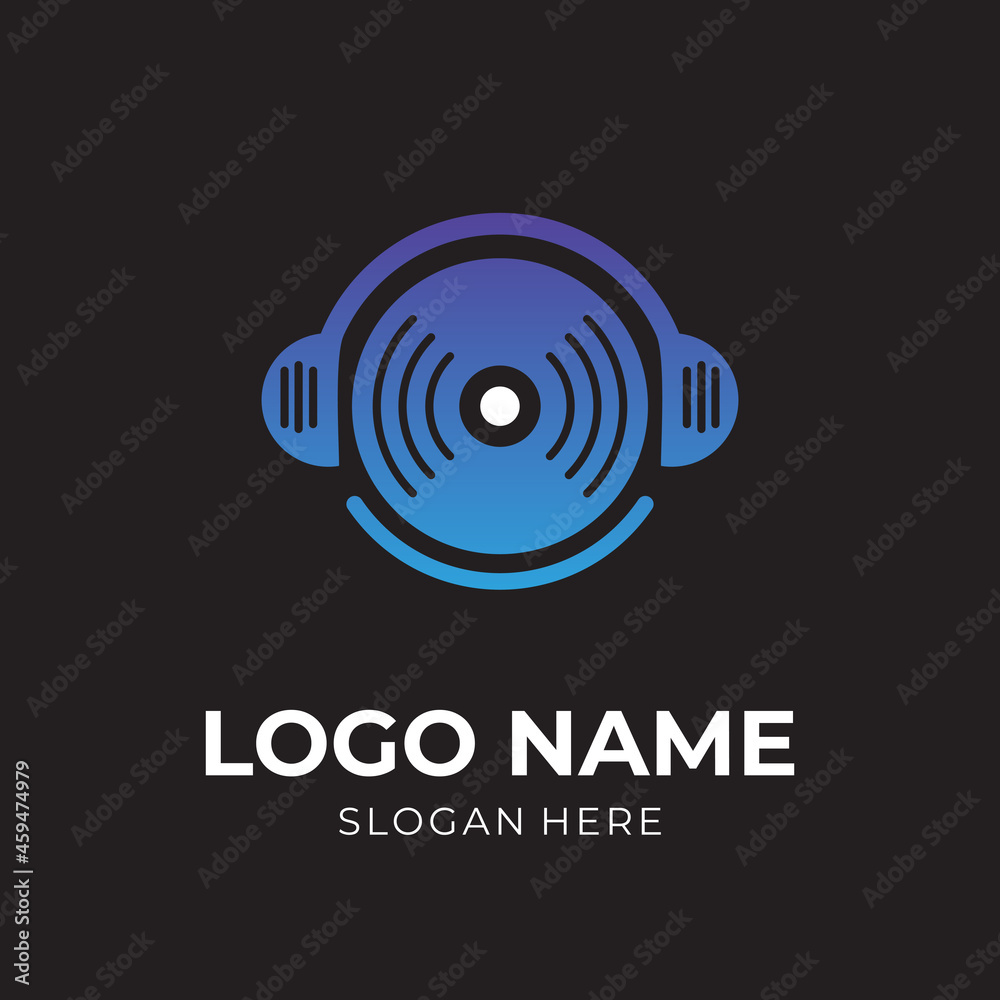 modern music logo design template concept vector with flat blue color style modern music logo design template concept vector with flat blue color style