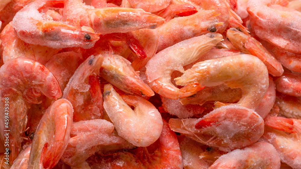 Fresh shrimps in ice. Top view.